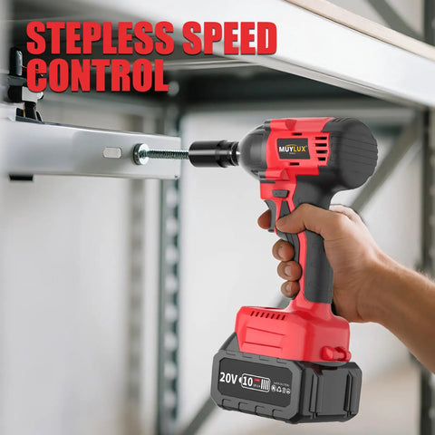 Heavy Duty Cordless Impact Wrench One Half Inch Brushless Motor Handles Rusted Bolts No Sweat Generates 320 Ft Lbs Torque With Dual 4 Ah Batteries And Quick Charger For Auto And Diy Upgrades, being used on a metal shelf screw.