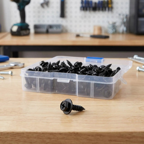 100 Piece Car Body Screw Kit With Integrated Flange Head For Wheel Well Liner And Bumper Cover, Vibration Resistant Auto Body Fasteners, Stable Thread Forming For Easy Disassembly And Reassembly For Your Daily Driver in black plastic organizer