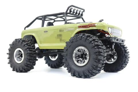 RC crawler with 1.0 Crawler Tires 64x25mm Mud Slingers Super Soft Sticky, featuring beadlock wheels, durable and heat resistant