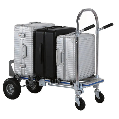 2 In 1 Industrial Stair Climbing Cart Folding Hand Truck With Heavy Duty Aluminum Frame, 1000 Lbs Capacity On Floors And 550 Lbs On Stairs, Tri Wheel Climber With Universal Casters, Portable, Durable, And Easy To Store, loaded with suitcases