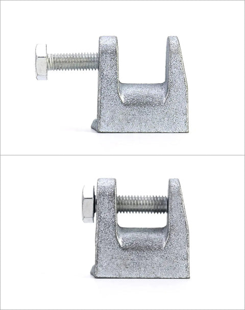 Top Shelf Tough As Nails Beam Clamps Fifty Pack Three Eighth Inch Hole Thirteen Sixteenth Jaw Opening Zinc Plated Steel clamp side view detail.