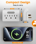 Plenty Of Power Now Super Slim 3 Plug Extender With Soft Led Guide Light 1875W Grounded Wall Splitter on grey background next to iPhone 17 Pro Max.