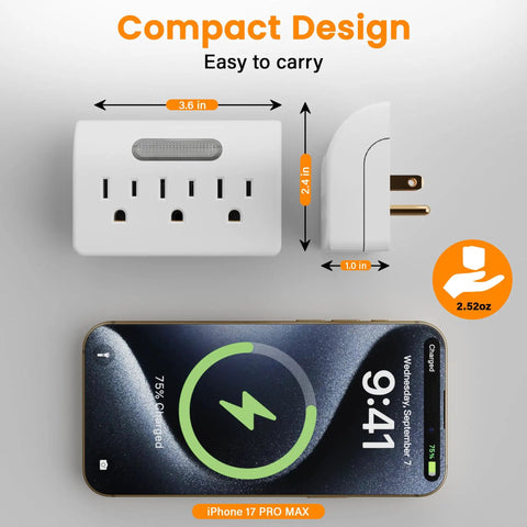 Plenty Of Power Now Super Slim 3 Plug Extender With Soft Led Guide Light 1875W Grounded Wall Splitter on grey background next to iPhone 17 Pro Max.