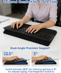 Person typing at desk with 2-In-1 Keyboard Stand With Wrist Rest For Comfy Typing, showing dual-angle non-slip base with memory foam cushion.