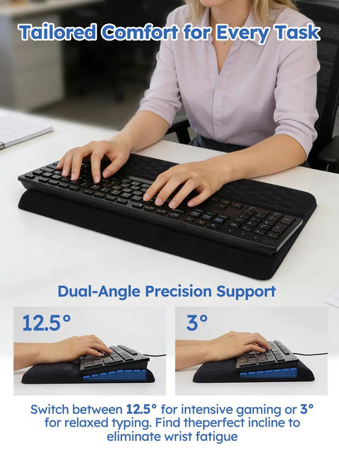 Person typing at desk with 2-In-1 Keyboard Stand With Wrist Rest For Comfy Typing, showing dual-angle non-slip base with memory foam cushion.