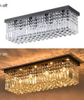 Eight Light Rectangle Crystal Chandelier In Black Finish With Clear K9 Crystals Modern Ceiling Light Fixture, off and illuminated view
