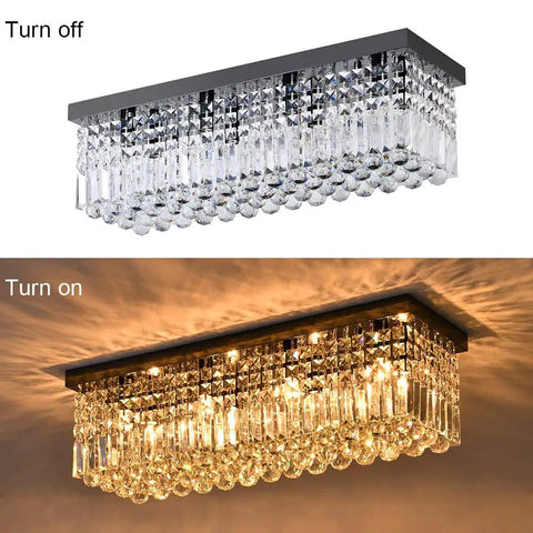 Eight Light Rectangle Crystal Chandelier In Black Finish With Clear K9 Crystals Modern Ceiling Light Fixture, off and illuminated view