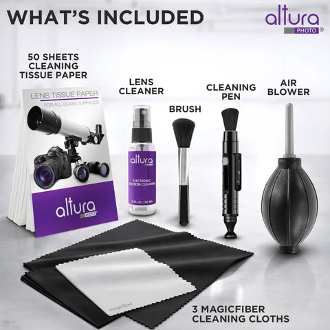 Altura Photo camera cleaning kit with air blower, tissue paper, spray cleaner, brush, cleaning pen, 3 microfiber cloths.