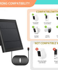 Durable Solar Panel For Security Cameras with 10ft cable showing compatibility with various camera models and black finish.