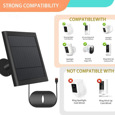 Durable Solar Panel For Security Cameras with 10ft cable showing compatibility with various camera models and black finish.
