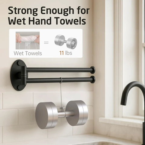 Top Shelf Swivel Towel Bar For Kitchen And Bathroom, 9 Inch Wall Mounted Black Stainless Steel Holder showcasing its strength for wet towels.