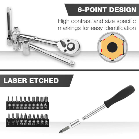 75 Piece One Quarter Inch Drive Impact Socket Set With Ratchet Extensions And Universal Joint Pro Grade Quality For Home DIY And Shop Use Deep And Shallow SAE And Metric Sockets From Four To Fourteen Millimeters And Five Thirty Second To Nine Sixteenth showing tools and bits
