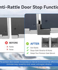 Diagram showing anti-rattle function of gate door stop hinge set for pontoon boats with before and after comparison