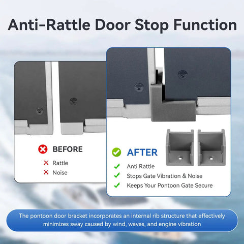 Diagram showing anti-rattle function of gate door stop hinge set for pontoon boats with before and after comparison