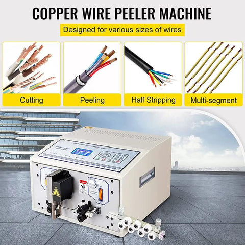 Fully Automatic Wire Cutting Stripping Peeling Machine With Microcomputer Control, showcasing stripping functions and display panel.
