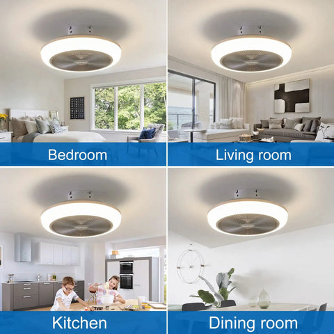 18 Inch Caged Ceiling Fan With Light Kit Low Profile Flush Mount 3 Speeds 3 Light Color Options in various room settings