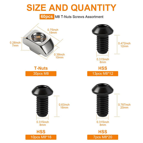 Heavy Duty M8 T Nut Screw Kit For 4040 4080 Aluminum Extrusion 60 Piece Set With 30 T Nuts And 30 Black Hex Socket Screws