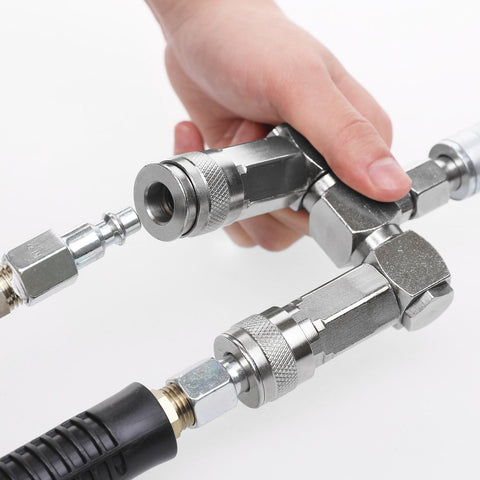 Hand holding a 2-Way Air Hose Splitter Manifold With Quick Connect Fittings Two Universal Type Couplers And Industrial Type Plug