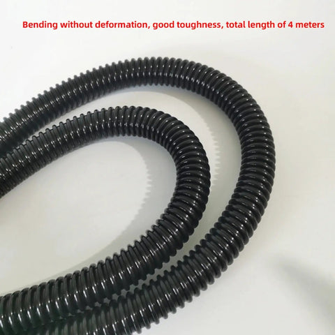 Close-up of a heavy duty hand planer hose for woodworking dust collection, 4 meter flexible black tube.