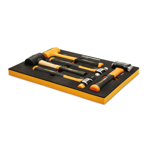 Five Piece Hammer Set With Foam Storage Tray revealing rubber mallet, soft face, dead blow, ball pein hammers for DIY projects