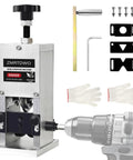 Adjustable Wire Stripper Machine For 0.06 To 1 Inch Wires Hand Crank Or Drill Powered shown with drill and gloves