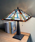 Stained Glass Tiffany Table Lamp 16 Inch Wide With Dope Mission Frank Lloyd Wright Style Desk Light on wooden table with books