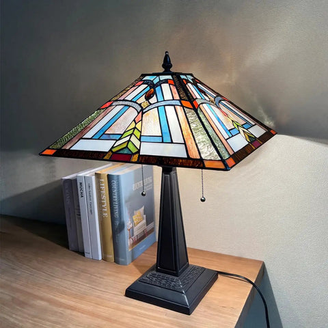 Stained Glass Tiffany Table Lamp 16 Inch Wide With Dope Mission Frank Lloyd Wright Style Desk Light on wooden table with books