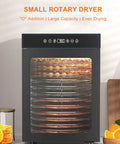 Kickstart Your Snack Game With This Whisper Quiet Electric Food Dehydrator Featuring 360 Rotating Trays Digital Timer And Glass Window For Flawless Jerky Fruit And Veggie Drying At Home, showcasing stacked trays and glass door.