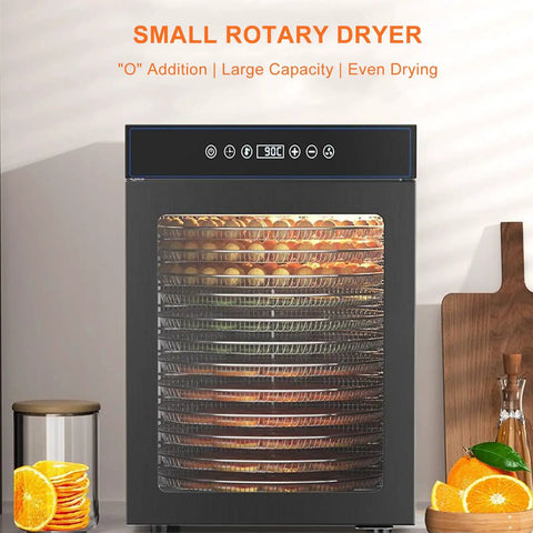 Kickstart Your Snack Game With This Whisper Quiet Electric Food Dehydrator Featuring 360 Rotating Trays Digital Timer And Glass Window For Flawless Jerky Fruit And Veggie Drying At Home, showcasing stacked trays and glass door.