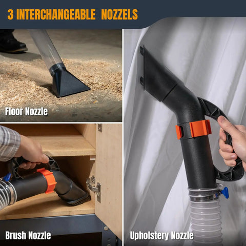 Three nozzles from the Two And A Half Inch Dust Collection Hose Floor Sweep Kit With 36 Inch Clear Tube for various surfaces.