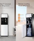 Straight Up Water Cooler Dispenser Hits The Spot With Dual Temp Control For Crisp Chilled Or Steaming Hot Beverages Fast Pipeline Hookup Keeps It Running Smooth In Any Home Office Or Bustling Commercial Space showcasing pipeline-connected and bottom loading designs.