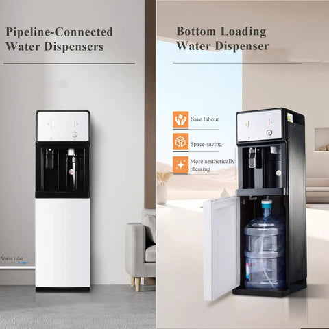 Straight Up Water Cooler Dispenser Hits The Spot With Dual Temp Control For Crisp Chilled Or Steaming Hot Beverages Fast Pipeline Hookup Keeps It Running Smooth In Any Home Office Or Bustling Commercial Space showcasing pipeline-connected and bottom loading designs.