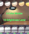 Image showing Must Have 15X Magnifying Glass With Light And Clamp For Hands Free Crafting And Close Work, with five color modes and ten brightness levels displayed.