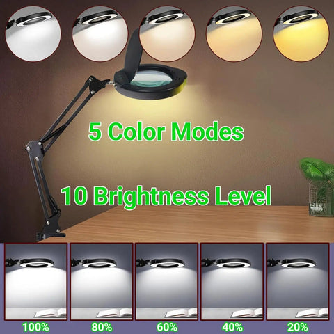 Image showing Must Have 15X Magnifying Glass With Light And Clamp For Hands Free Crafting And Close Work, with five color modes and ten brightness levels displayed.