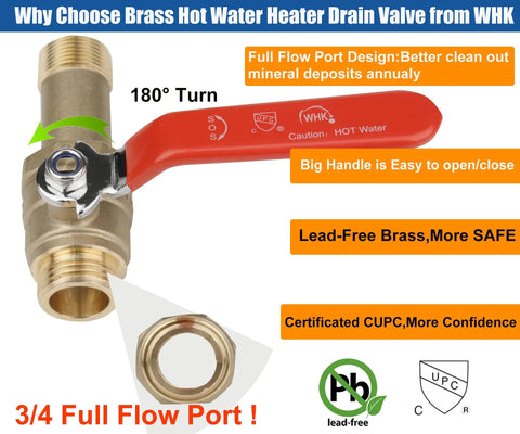 Lead Free Brass Water Heater Drain Valve With Full Port Flow For Faster Draining 3/4 MIP To 3/4 GHT Connection 2 Inch Shank