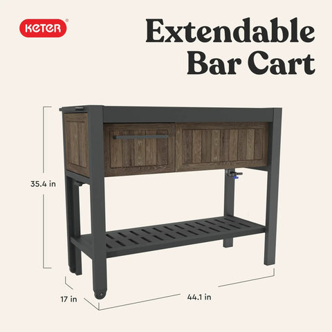 Extendable Outdoor Bar Cart With Hidden Cooler And Prep Surface, shown with dimensions 35.4 x 17 x 44.1 inches
