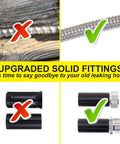 FOXEASE metal water hose, 25 ft, stainless steel with 2 nozzles; collage shows upgraded solid fittings.