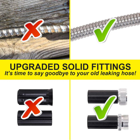 FOXEASE metal water hose, 25 ft, stainless steel with 2 nozzles; collage shows upgraded solid fittings.