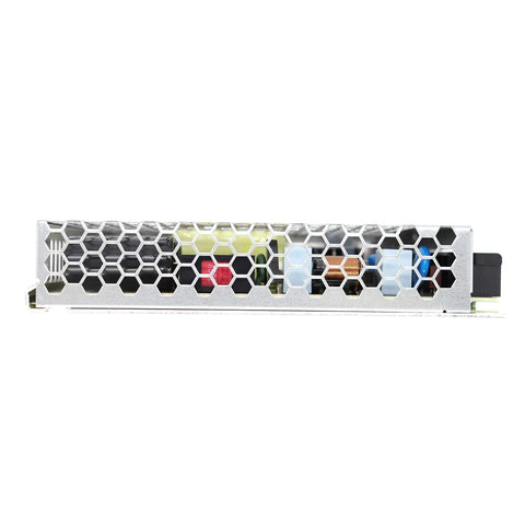 LRS Series 24V 6.5A 156W Switching Power Supply Single Output Built To Last, UL And CE Certified, Wide Input Range 85 to 132 VAC or 170 to 264 VAC Switch, Short Circuit Overload Over Voltage Over Temperature Protection. silver metal 24V DC power supply with hex cover