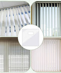 60 Piece Vertical Blind Repair Tabs Kit With Transparent PVC Adhesive Fixers For Replacement Slats Invisible Snap In Patches Easy DIY Fix No Tools Needed displayed on blinds in various settings.