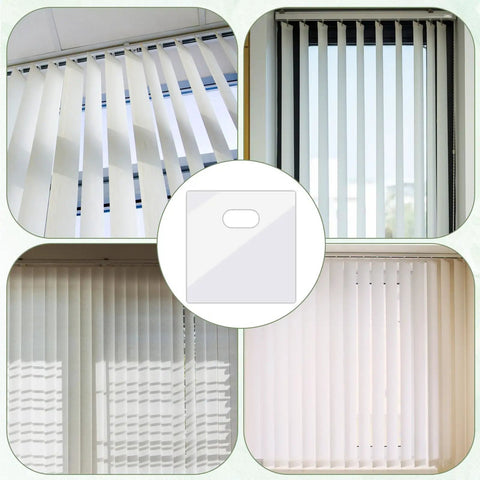 60 Piece Vertical Blind Repair Tabs Kit With Transparent PVC Adhesive Fixers For Replacement Slats Invisible Snap In Patches Easy DIY Fix No Tools Needed displayed on blinds in various settings.