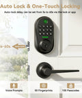 Rock Solid 5 In 1 Smart Deadbolt With Handle Fingerprint Scanner And Keypad Keyless Entry Door Lock mounted on a door with keypad.