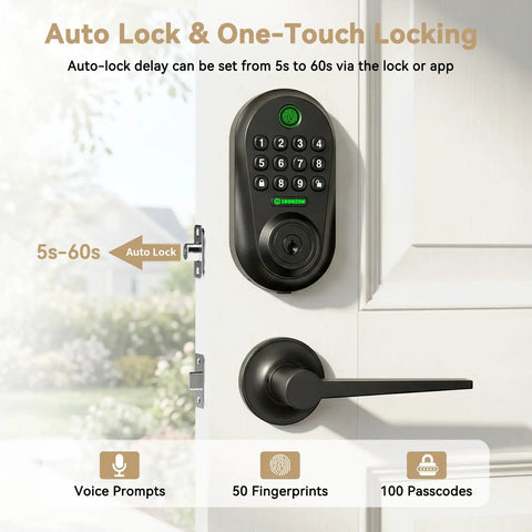 Rock Solid 5 In 1 Smart Deadbolt With Handle Fingerprint Scanner And Keypad Keyless Entry Door Lock mounted on a door with keypad.