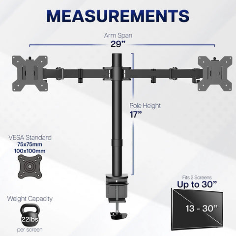 Rock Solid Dual Monitor Desk Mount For 13 To 30 Inch Screens Up To 22 Lbs Each, Heavy Duty Steel Arm With C Clamp Or Grommet, Black
