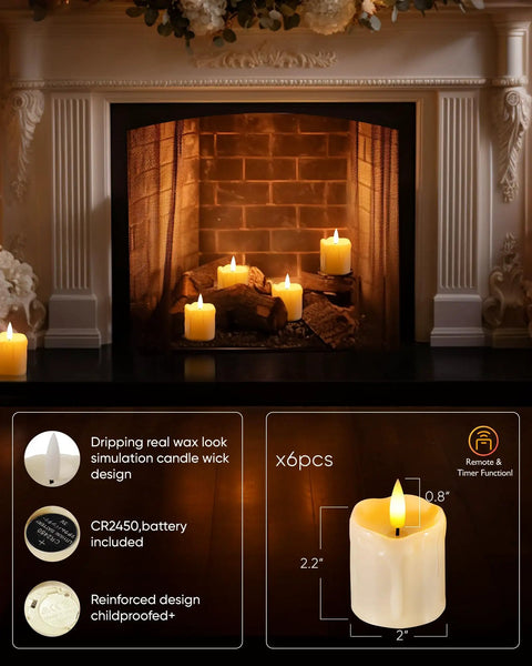 Six Pack Remote Timer Flameless Candles 2x2 LED Votive Lights Battery Operated in fireplace setting