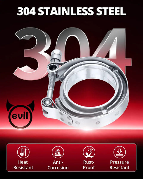 4 Pack V Band Clamp With Flange 2.75 Inch 304 Stainless Steel Set showing material, heat, and rust resistance