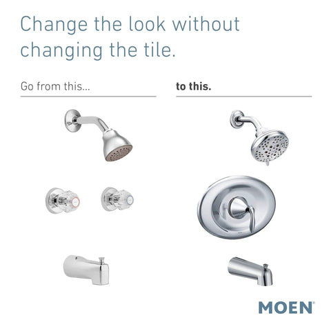 Eva Posi-Temp Tub And Shower Trim Kit Chrome Finish With 2 Or 3 Hole Valve Conversion Valve Required Not Included No Brainer Retrofit For Any Bathroom Upgrade, showing new chrome showerhead, faucet, and handle set next to old set.