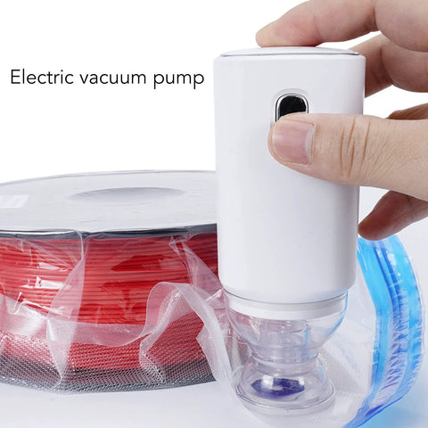 Electric vacuum pump, white cordless handheld device with button for vacuum storage bags and 3D printer filament storage
