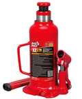 Front view of a red 12-ton Torin Big Red hydraulic bottle jack with handle.