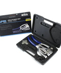 16 Piece Metal Hole Punch Kit For Sheet Metal With Puncher Built For Pros displayed in a black case with seven punch and die sizes.